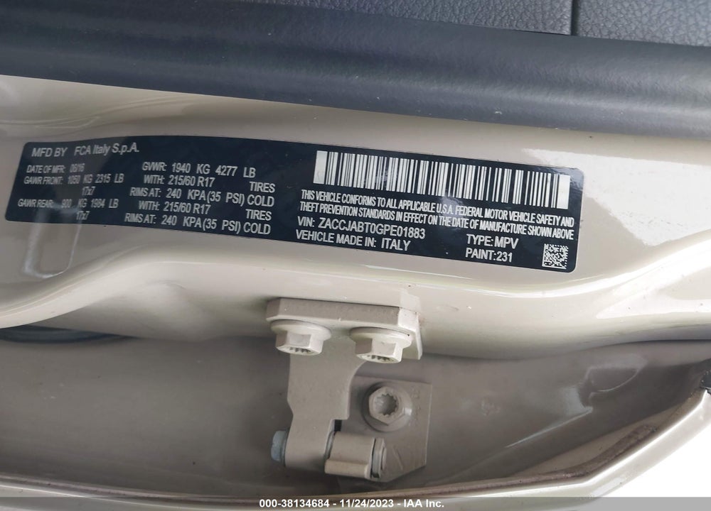 2016 JEEP RENEGADE LATITUDE VIN: ZACCJABT0GPE01883