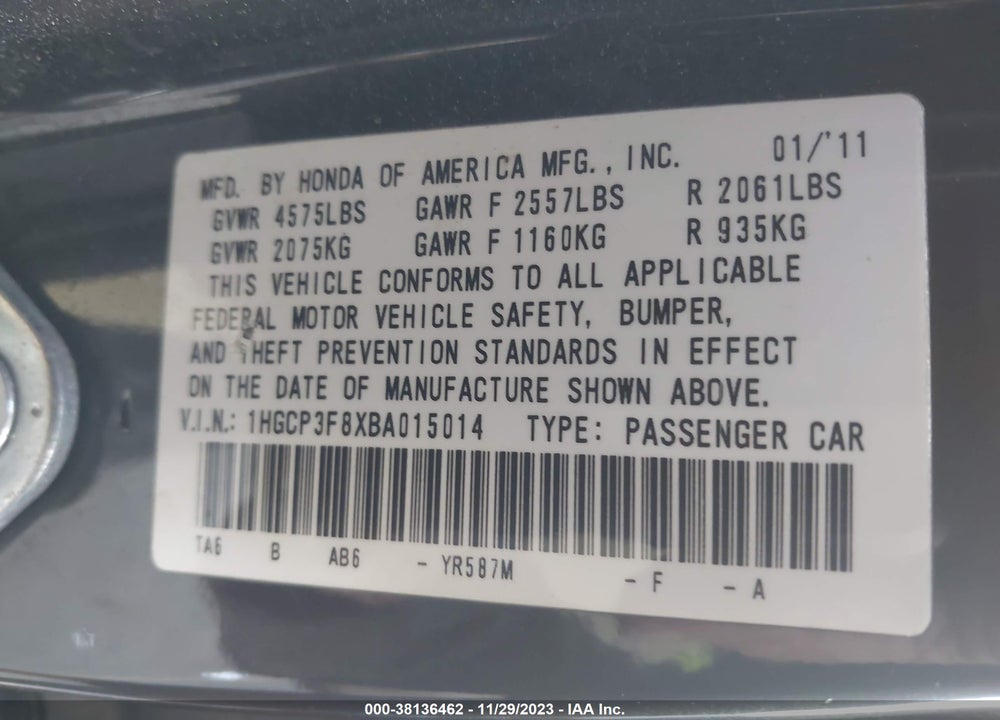 2011 HONDA ACCORD VIN: 1HGCP3F8XBA015014