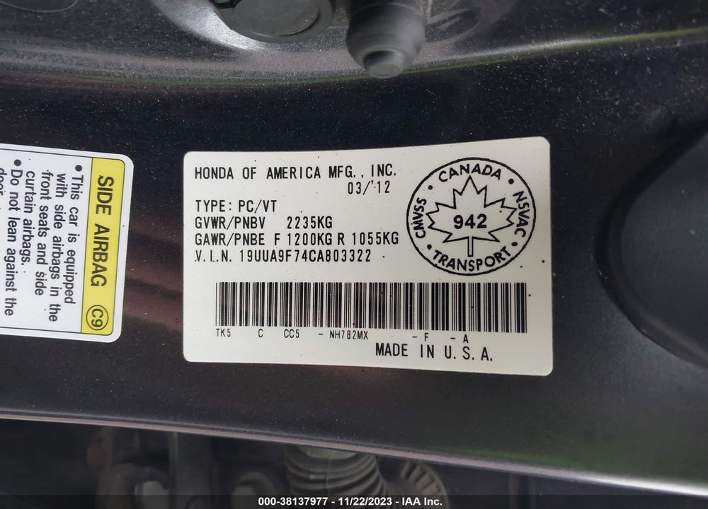 2012 ACURA TL 3.7 VIN: 19UUA9F74CA803322