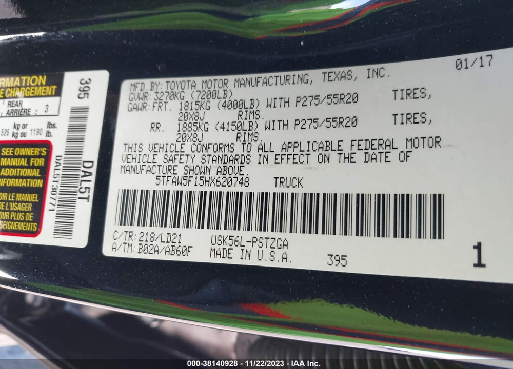 2017 TOYOTA TUNDRA 1794 5.7L V8 VIN: 5TFAW5F15HX620748