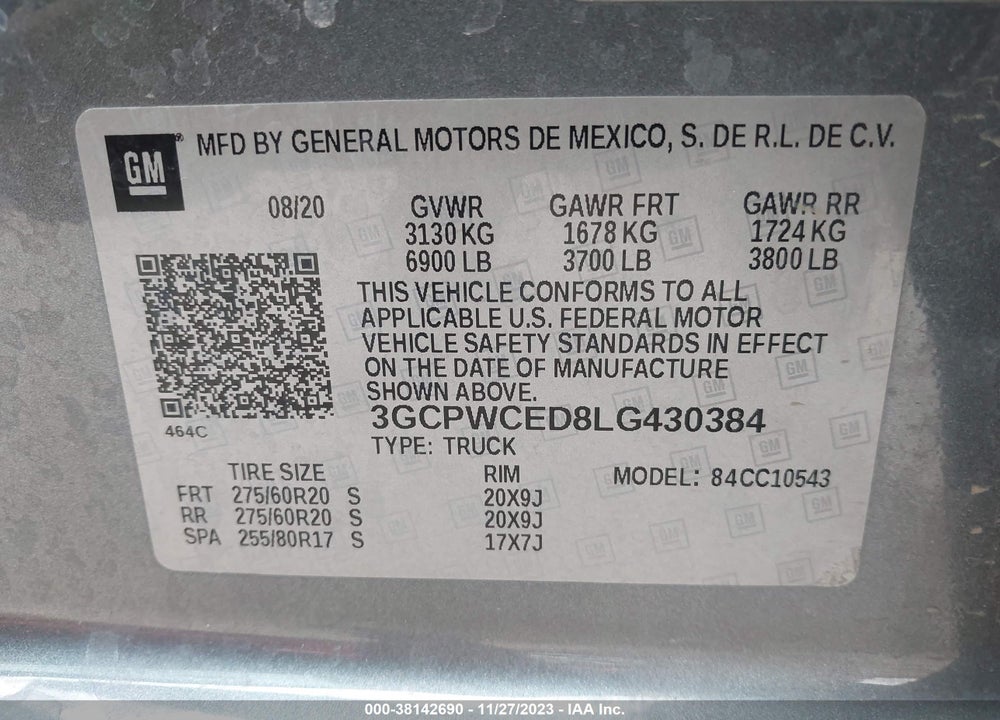 2020 CHEVROLET SILVERADO 1500 2WD SHORT BED LT VIN: 3GCPWCED8LG430384