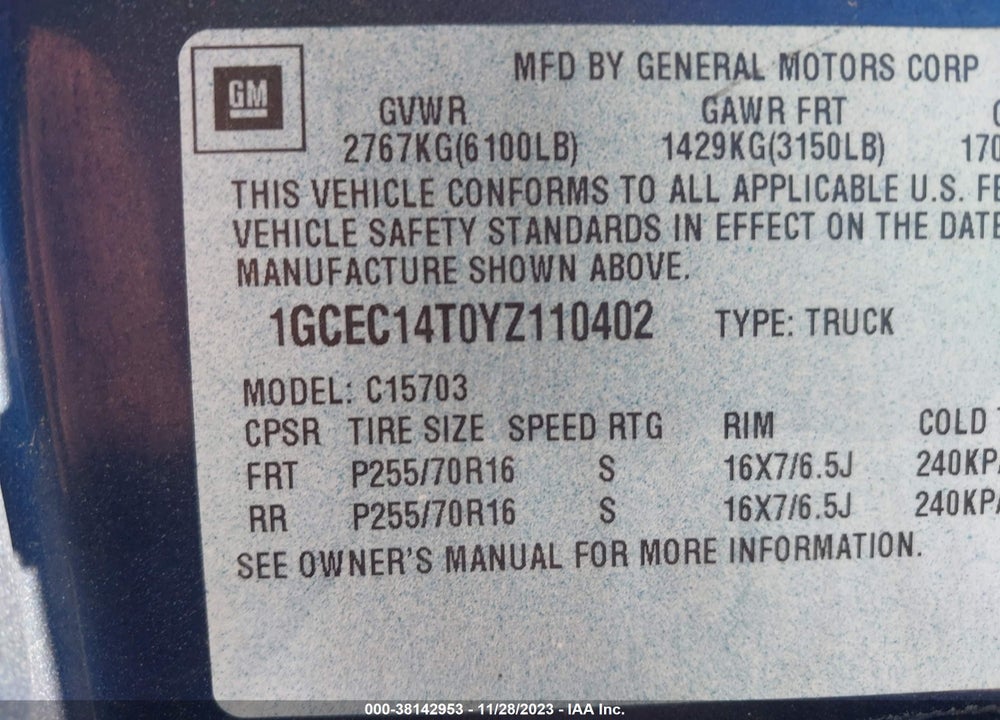 2000 CHEVROLET SILVERADO 1500 LS VIN: 1GCEC14T0YZ110402