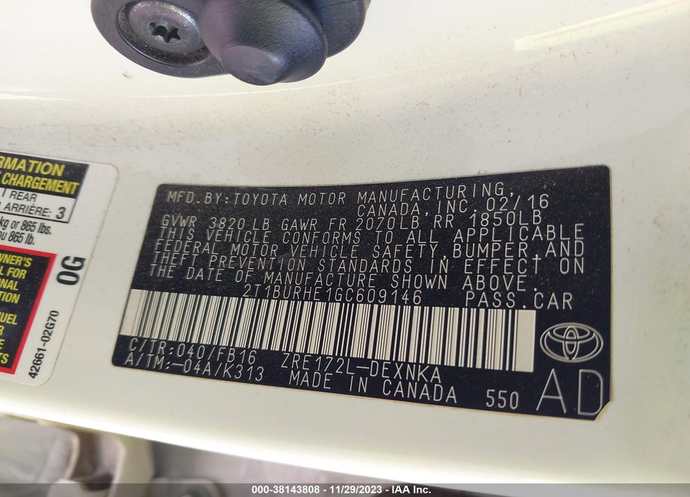 2016 TOYOTA COROLLA LE VIN: 2T1BURHE1GC609146
