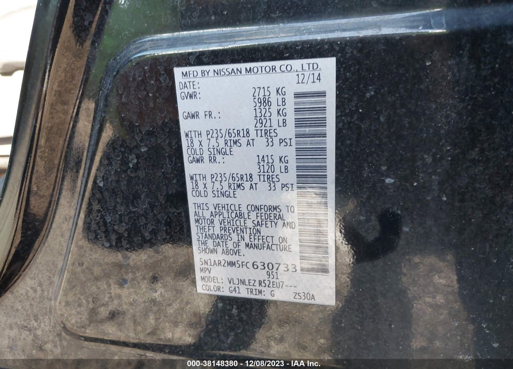 2015 NISSAN PATHFINDER PLATINUM/S/SL/SV VIN: 5N1AR2MM5FC630733