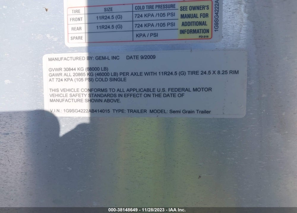 2010 GEM-L INC. DUMP TRAILER VIN: 1G9SG4222AB414015