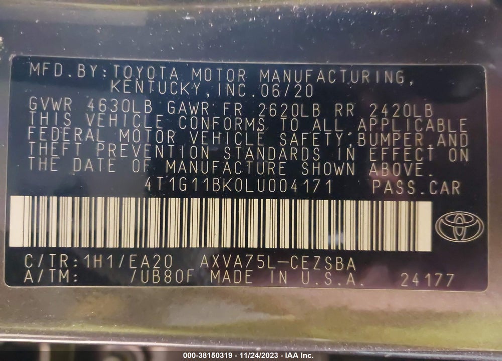 2020 TOYOTA CAMRY SE VIN: 4T1G11BK0LU004171