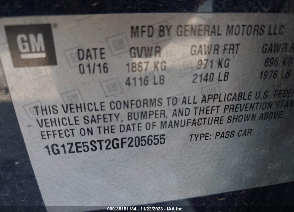 2016 CHEVROLET MALIBU 1LT VIN: 1G1ZE5ST2GF205655