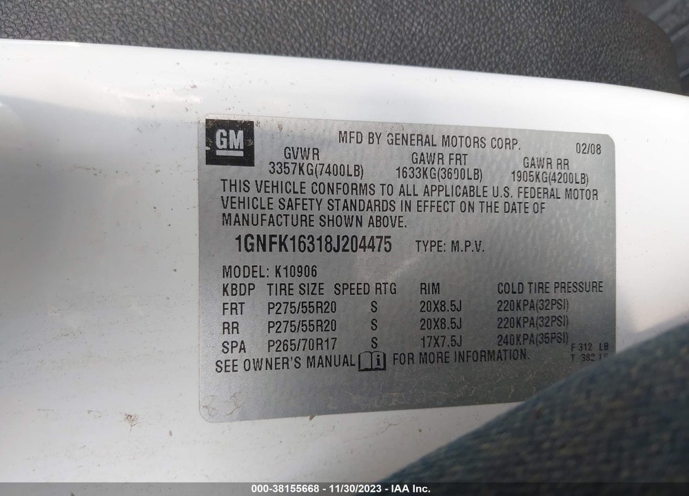 2008 CHEVROLET SUBURBAN 1500 LTZ VIN: 1GNFK16318J204475