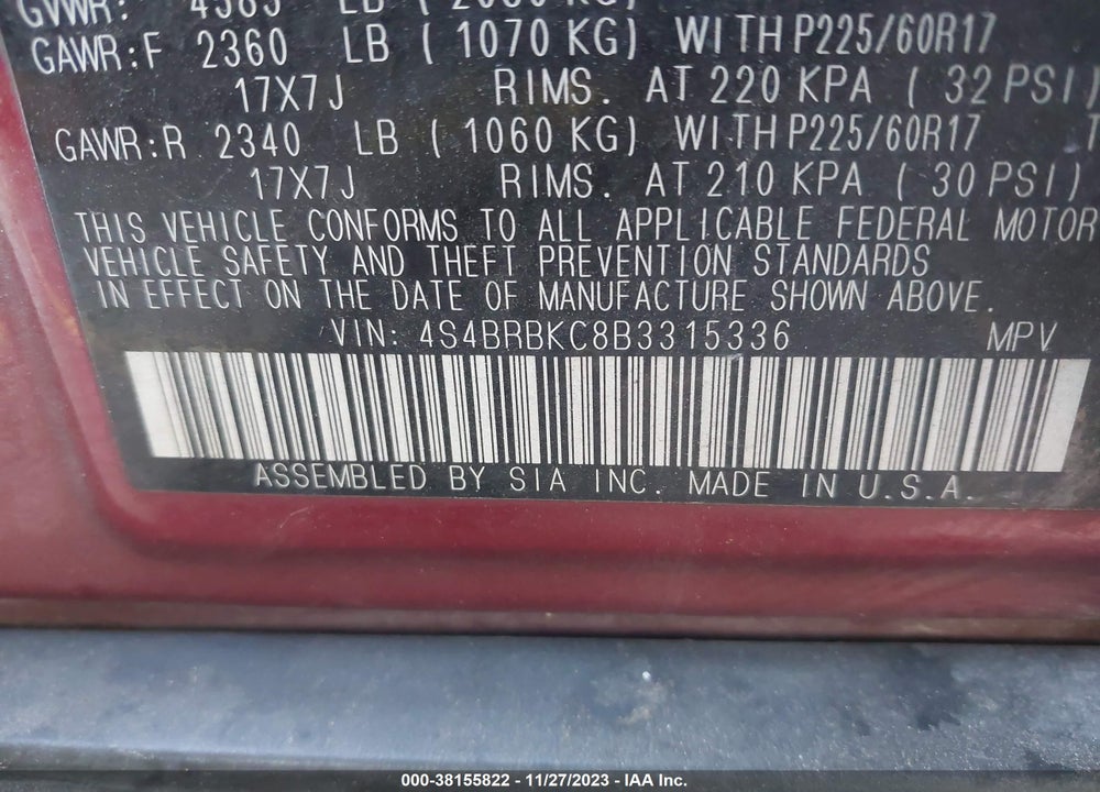 2011 SUBARU OUTBACK 2.5I LIMITED VIN: 4S4BRBKC8B3315336