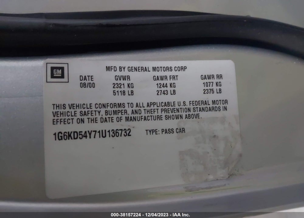 2001 CADILLAC DEVILLE W/LIVERY PKG VIN: 1G6KD54Y71U136732