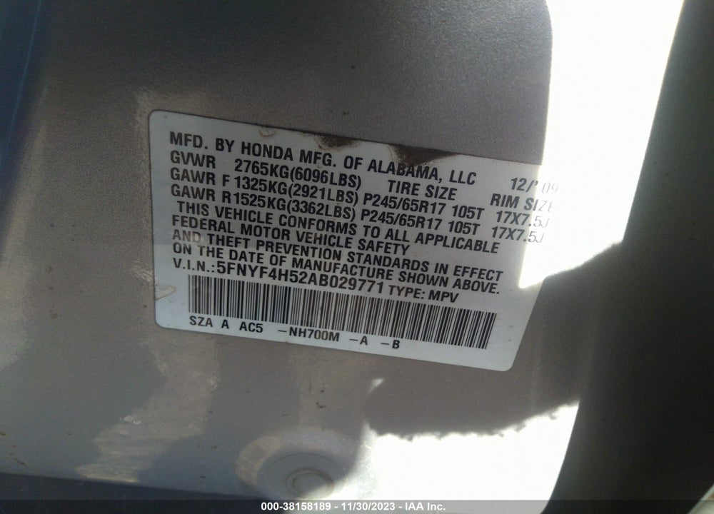 2010 HONDA PILOT EX-L VIN: 5FNYF4H52AB029771