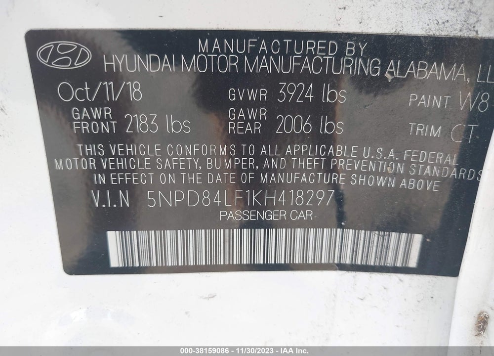 2019 HYUNDAI ELANTRA SEL VIN: 5NPD84LF1KH418297