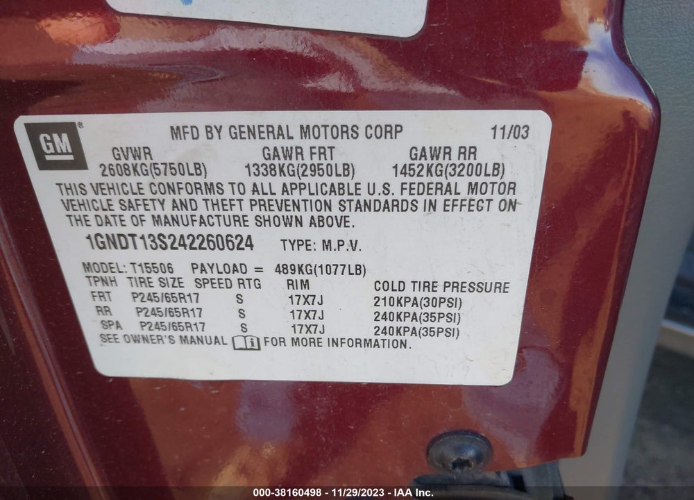2004 CHEVROLET TRAILBLAZER LT VIN: 1GNDT13S242260624