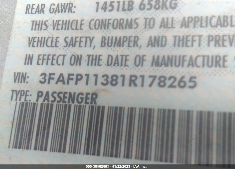 2001 FORD ESCORT ZX2 VIN: 3FAFP11381R178265