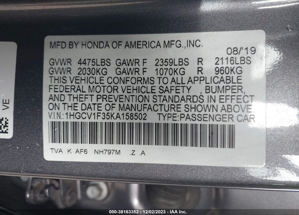 2019 HONDA ACCORD SPORT VIN: 1HGCV1F35KA158502
