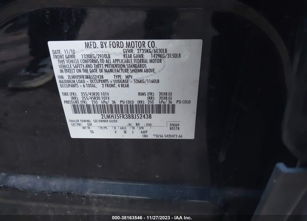 2011 LINCOLN MKT VIN: 2LMHJ5FR3BBJ52438