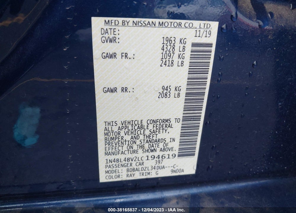 2020 NISSAN ALTIMA S FWD VIN: 1N4BL4BV2LC194619