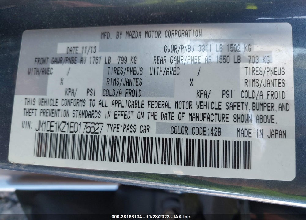 2014 MAZDA 2 SPORT VIN: JM1DE1KZ1E0175627