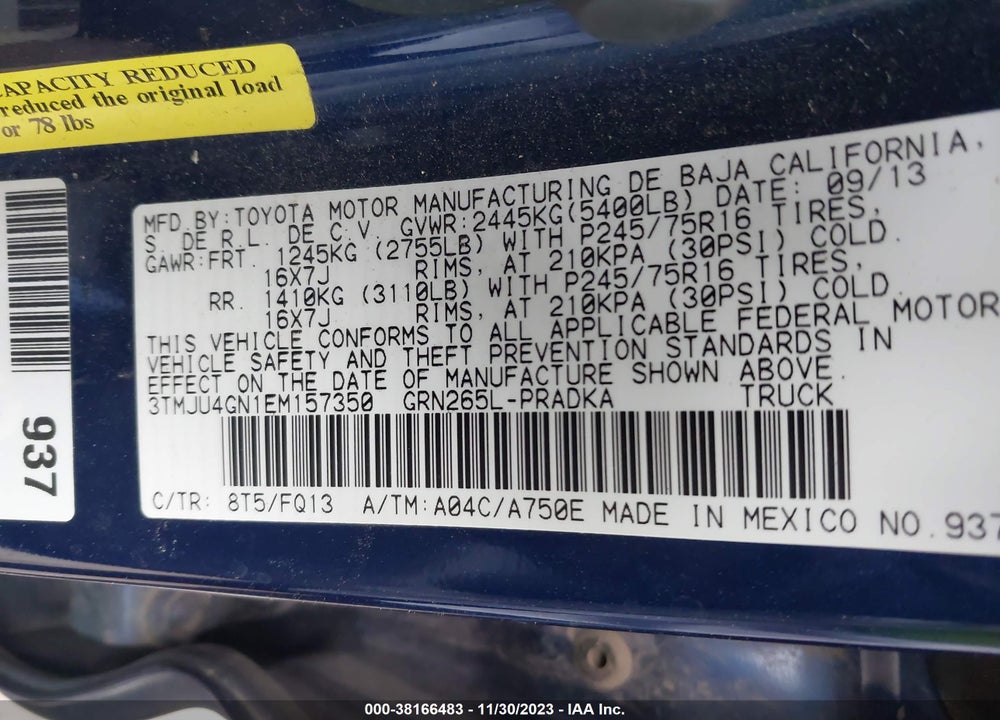 2014 TOYOTA TACOMA PRERUNNER V6 VIN: 3TMJU4GN1EM157350