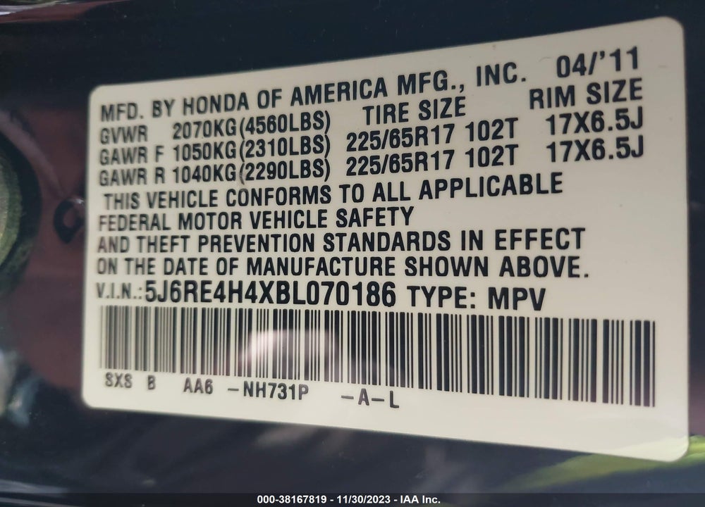2011 HONDA CR-V SE VIN: 5J6RE4H4XBL070186