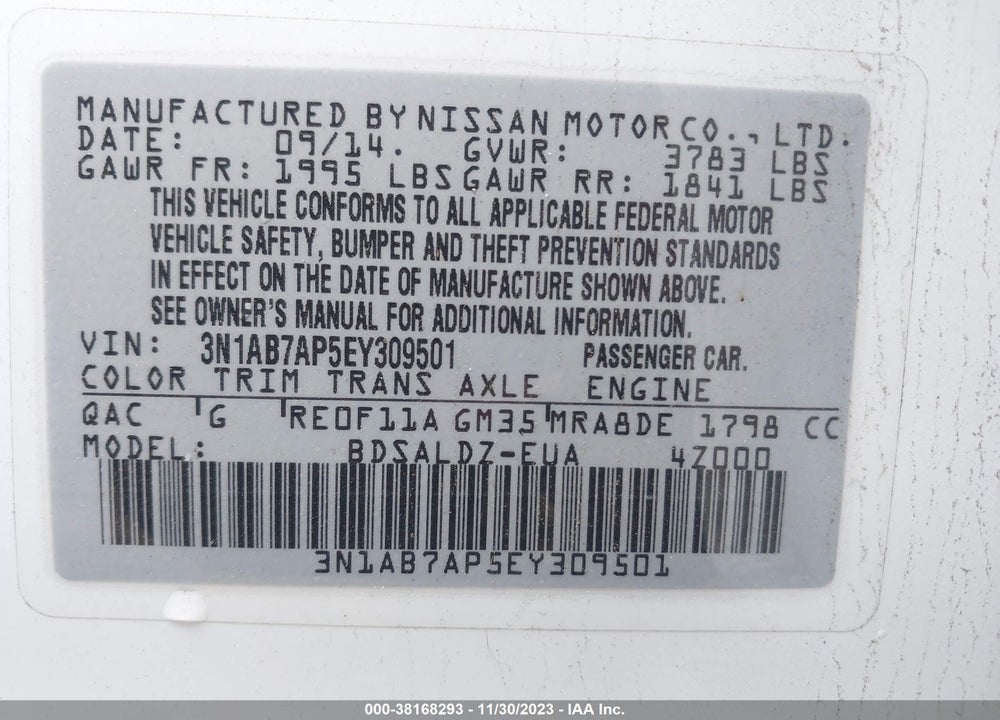 2014 NISSAN SENTRA SV VIN: 3N1AB7AP5EY309501