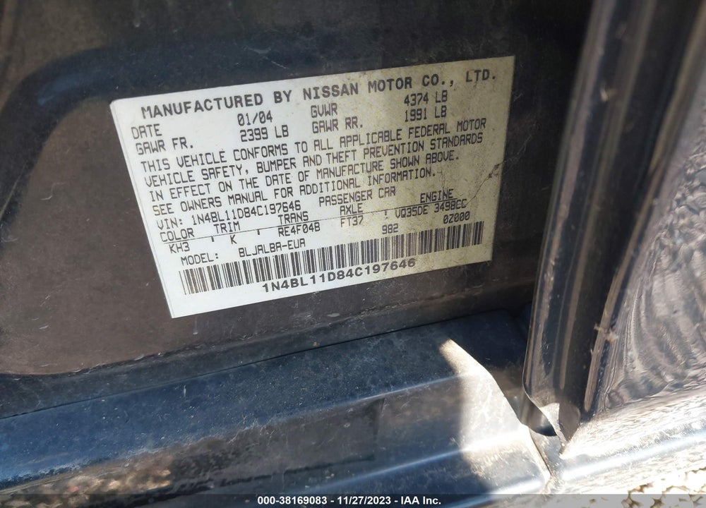 2004 NISSAN ALTIMA 3.5 SE VIN: 1N4BL11D84C197646