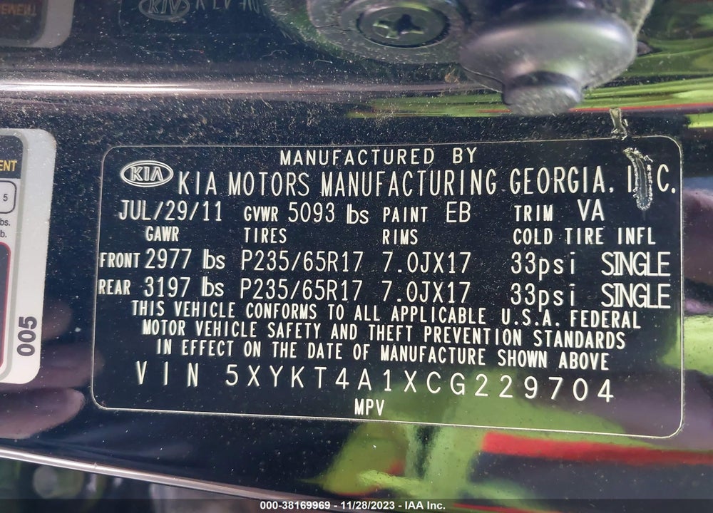 2012 KIA SORENTO LX VIN: 5XYKT4A1XCG229704