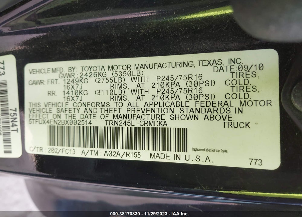 2011 TOYOTA TACOMA VIN: 5TFUX4EN2BX002514