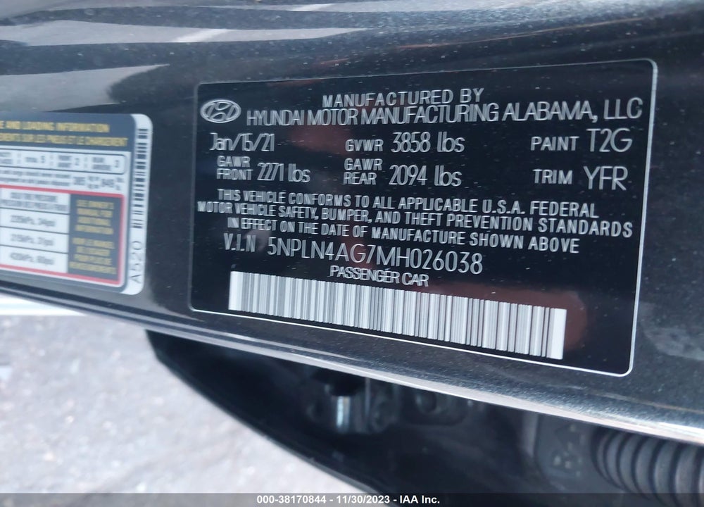 2021 HYUNDAI ELANTRA SEL VIN: 5NPLN4AG7MH026038