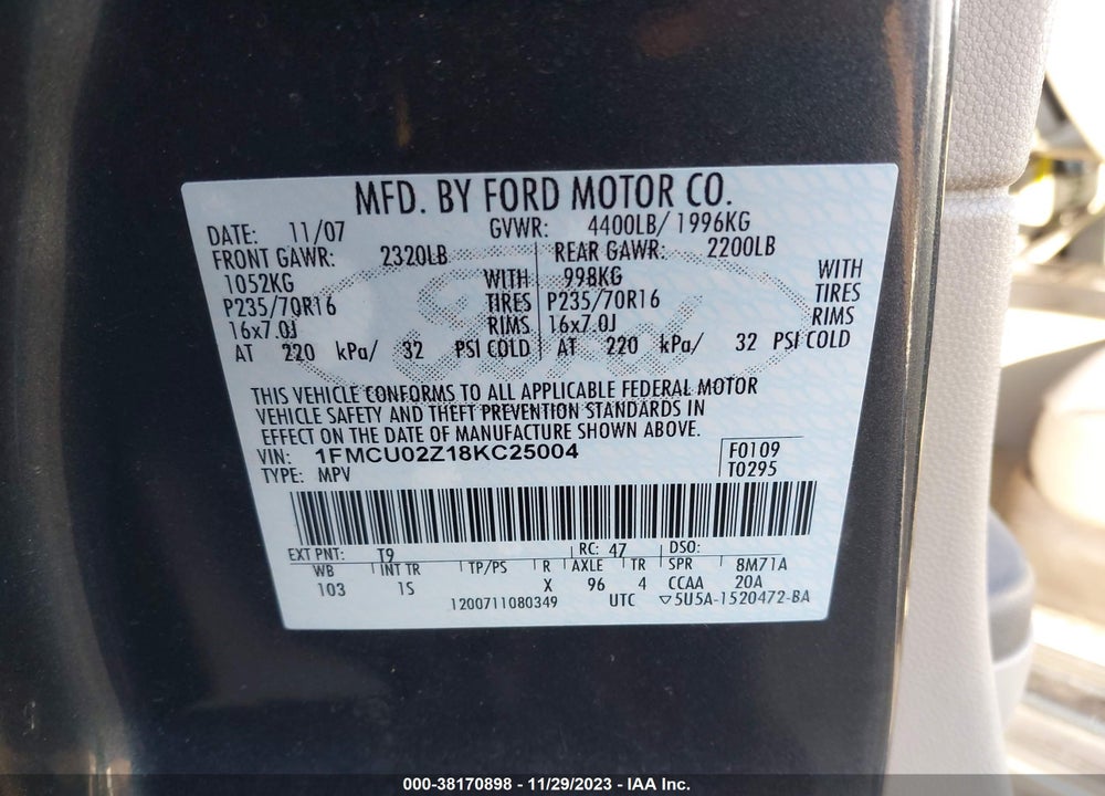 2008 FORD ESCAPE XLS/XLS MANUAL VIN: 1FMCU02Z18KC25004
