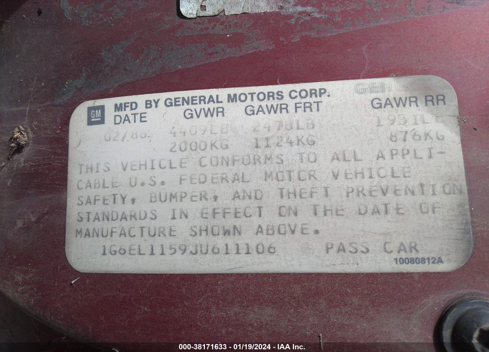 1988 CADILLAC ELDORADO VIN: 1G6EL1159JU611106