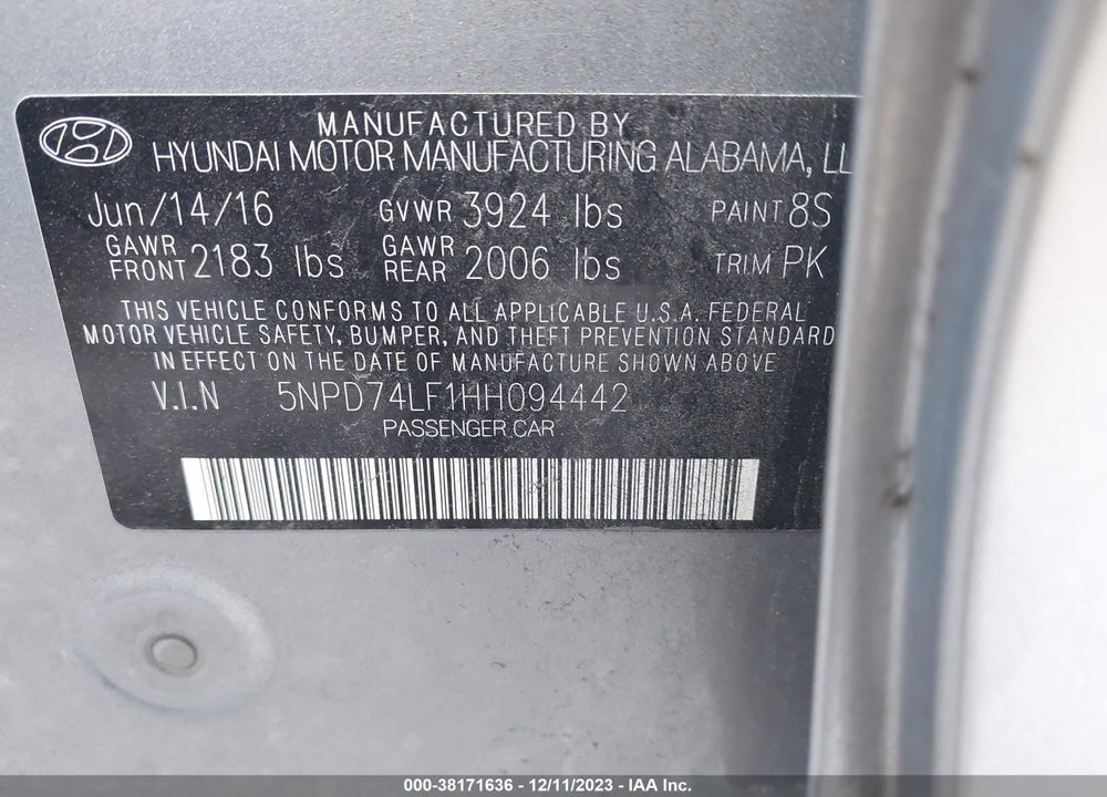 2017 HYUNDAI ELANTRA SE VIN: 5NPD74LF1HH094442