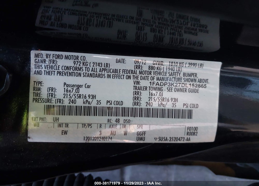 2013 FORD FOCUS SE VIN: 1FADP3K27DL152865