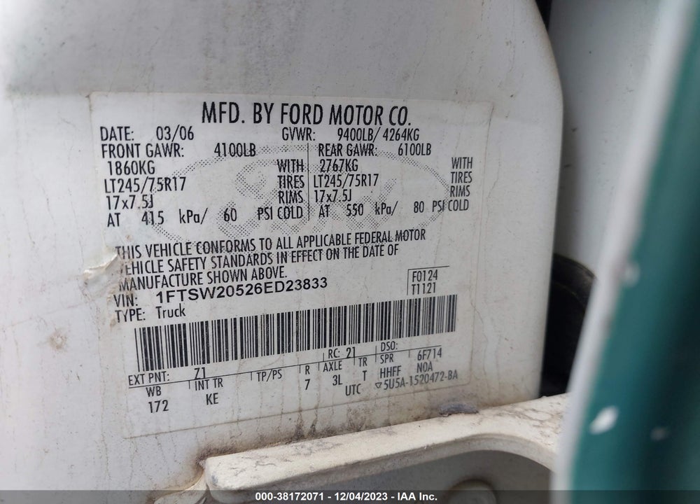 2006 FORD F-250 XLT/LARIAT/XL VIN: 1FTSW20526ED23833