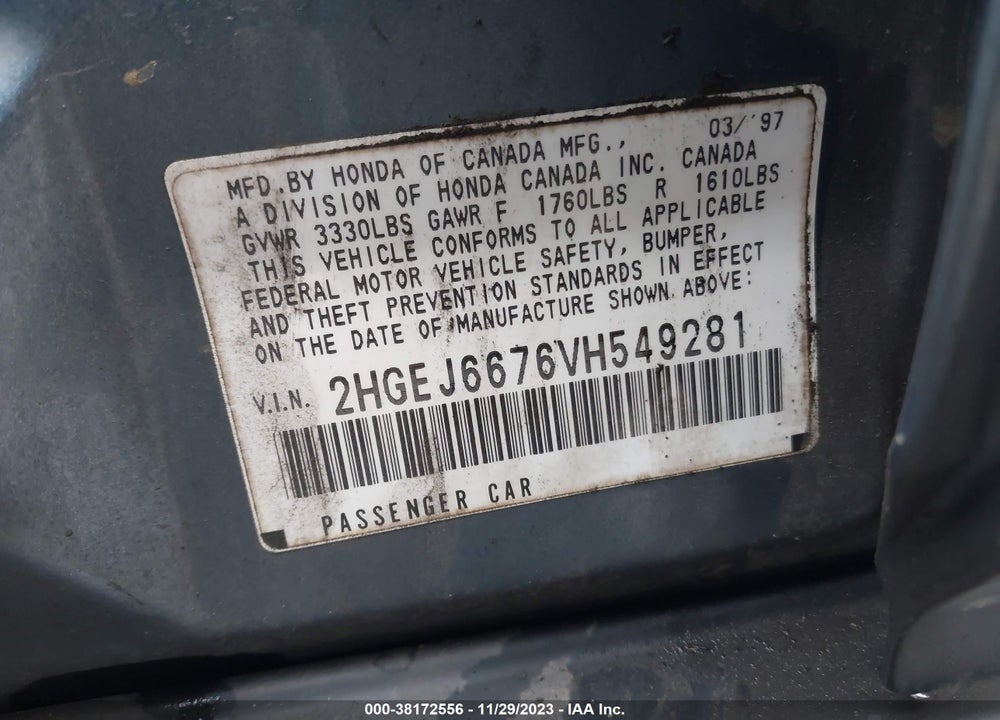 1997 HONDA CIVIC LX VIN: 2HGEJ6676VH549281