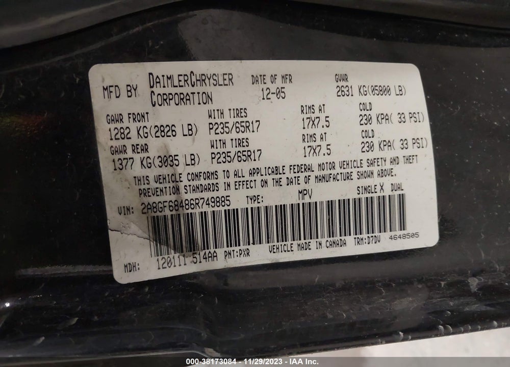 2006 CHRYSLER PACIFICA TOURING VIN: 2A8GF68486R749885