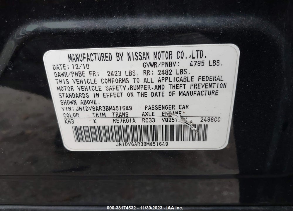 2011 INFINITI G25X VIN: JN1DV6AR3BM451649