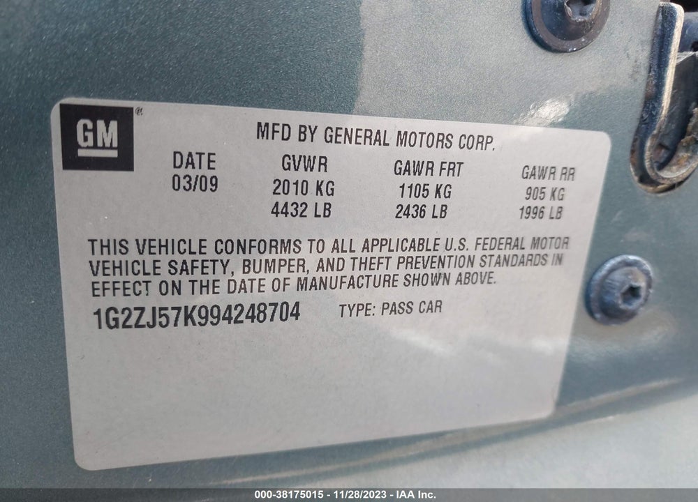 2009 PONTIAC G6 NEW SE VIN: 1G2ZJ57K994248704