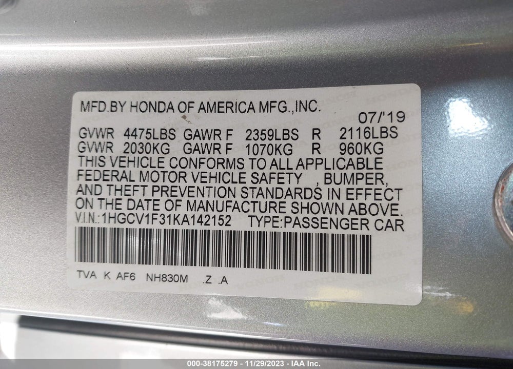 2019 HONDA ACCORD SPORT VIN: 1HGCV1F31KA142152