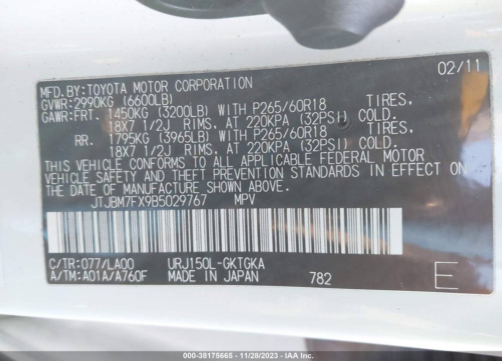 2011 LEXUS GX 460 VIN: JTJBM7FX9B5029767