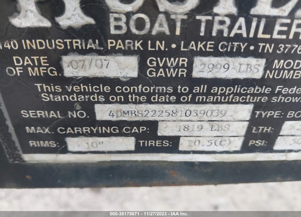 2007 HUSTLER BOAT TRAILER VIN: 4DMBS222581039039