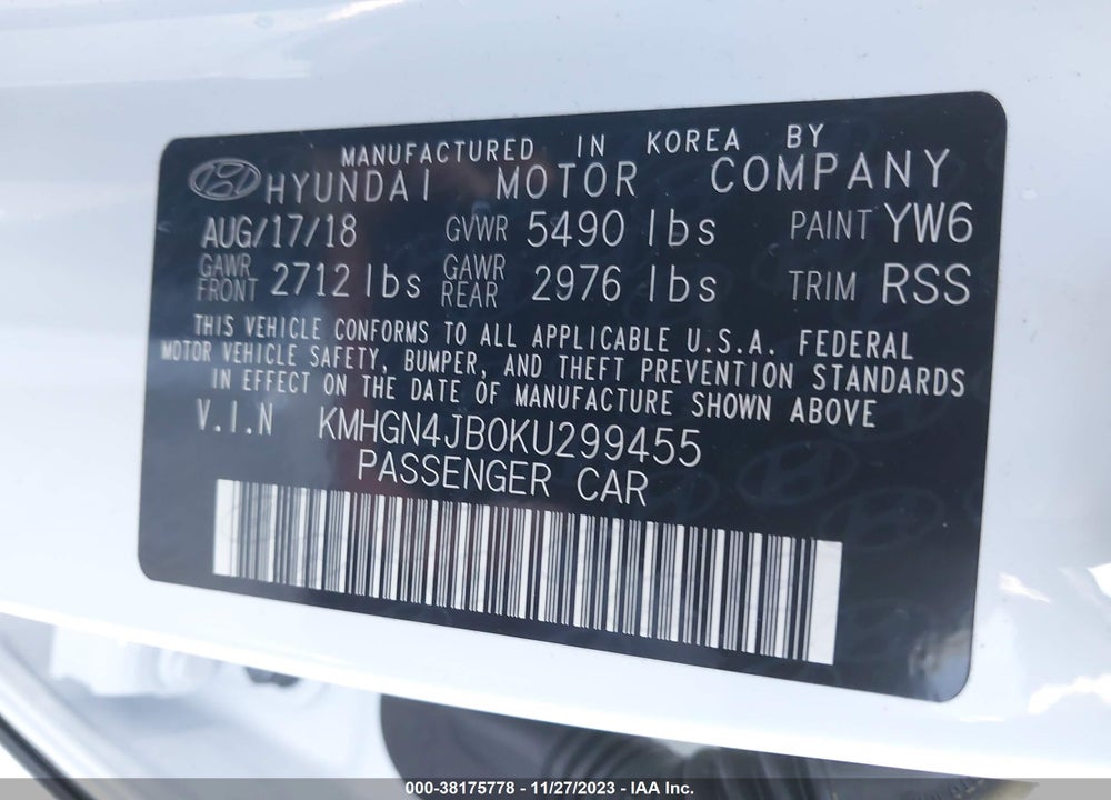 2019 GENESIS G80 3.3T SPORT VIN: KMHGN4JB0KU299455