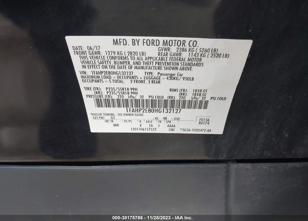2017 FORD TAURUS SEL VIN: 1FAHP2E80HG132127