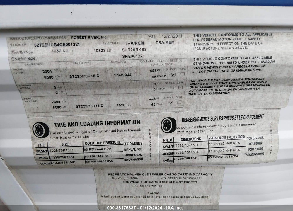 2012 SHASTA REVERE VIN: 5ZT2SHUB4CE001221