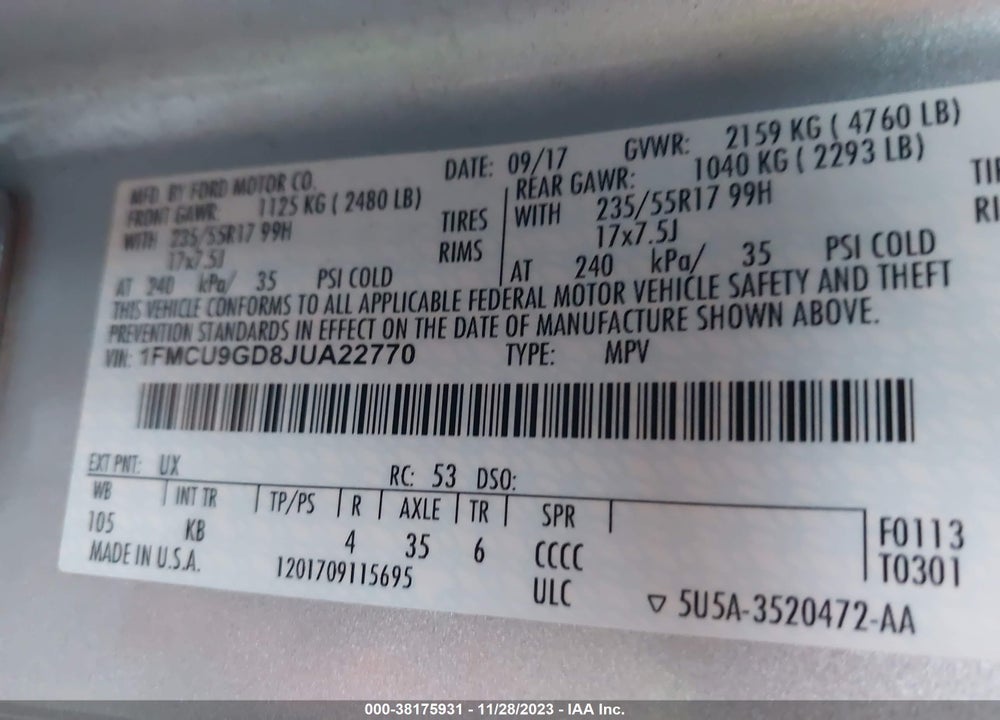 2018 FORD ESCAPE SE VIN: 1FMCU9GD8JUA22770