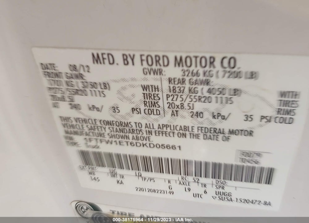 2013 FORD F-150 KING RANCH VIN: 1FTFW1ET6DKD05661