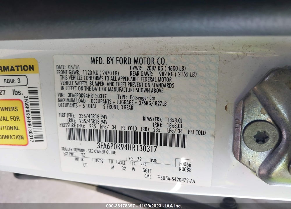 2017 FORD FUSION TITANIUM VIN: 3FA6P0K94HR130317
