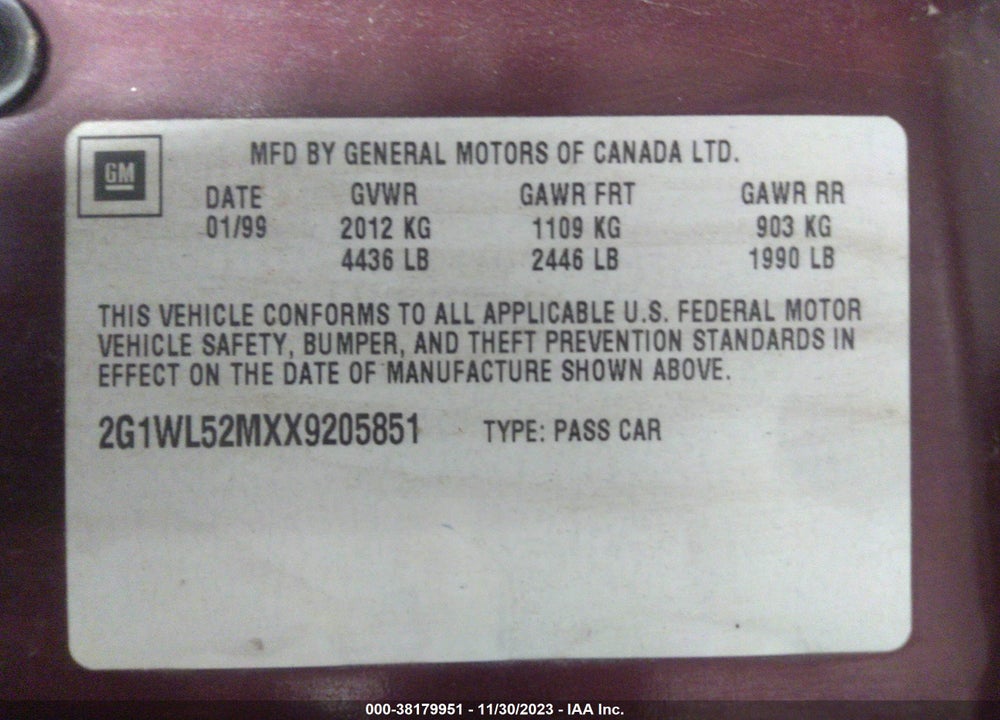 1999 CHEVROLET LUMINA VIN: 2G1WL52MXX9205851