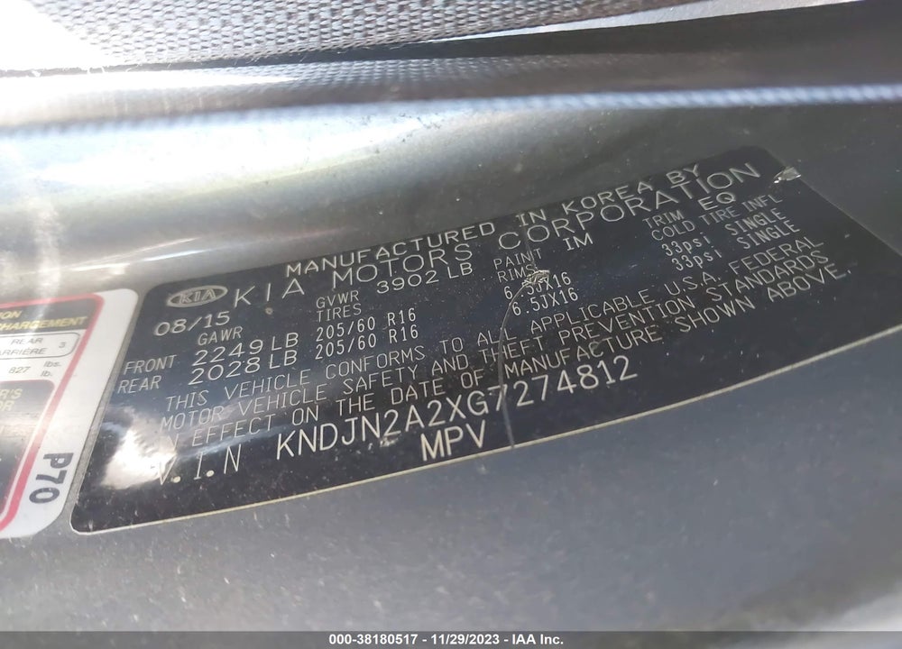 2016 KIA SOUL VIN: KNDJN2A2XG7274812