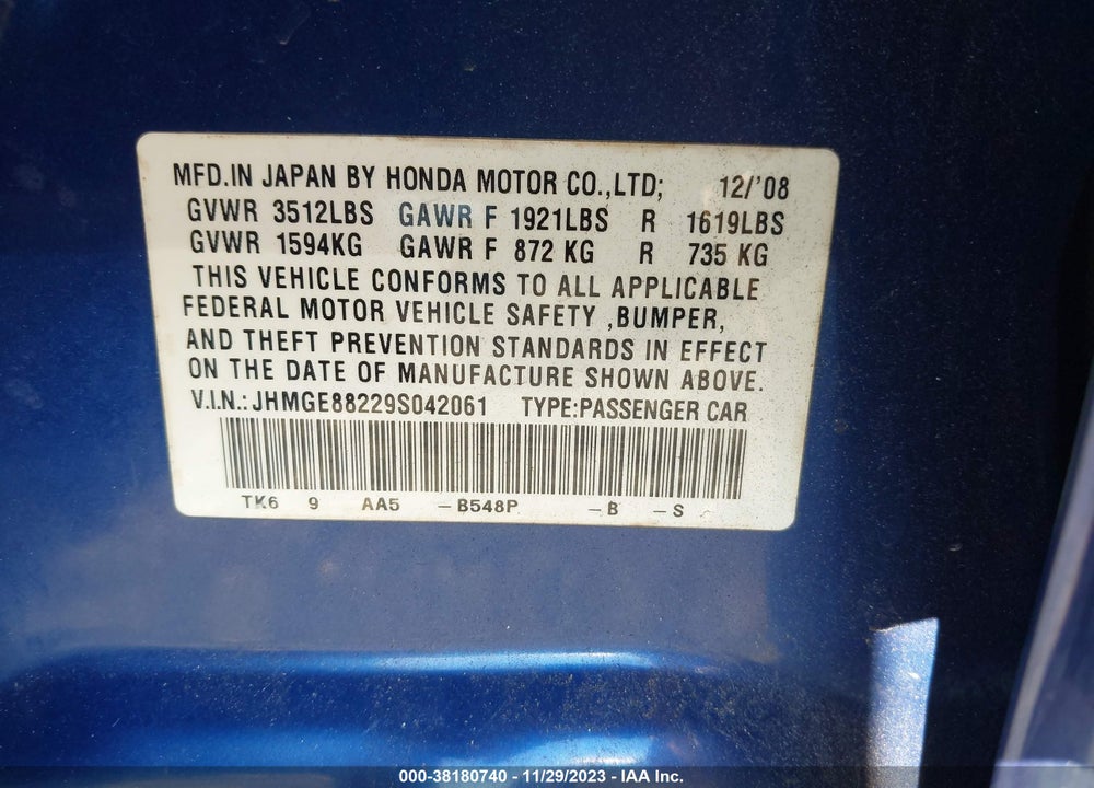 2009 HONDA FIT VIN: JHMGE88229S042061